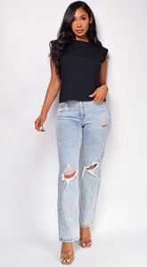 Evalina Light Wash Distressed Straight Leg Denim Jeans